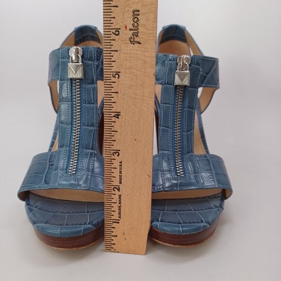 Michael Kors Heels Blue Leather Zip Front Platform Sandals Berkley Womens 7 - Picture 11 of 15